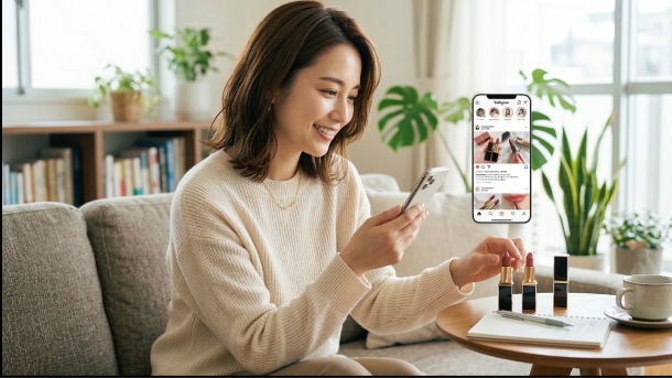 女性がスマートフォンでSNSの投稿を閲覧しながら化粧品を触っています