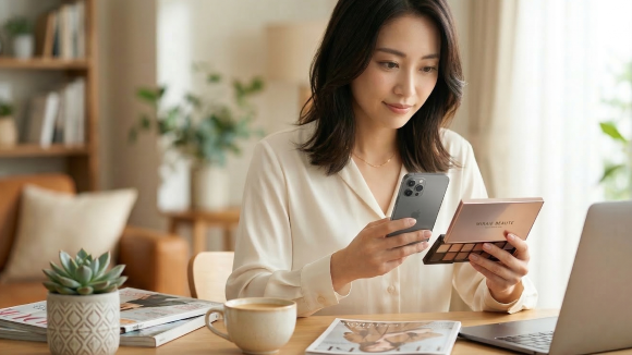 女性がスマートフォンで化粧品の写真を撮っています